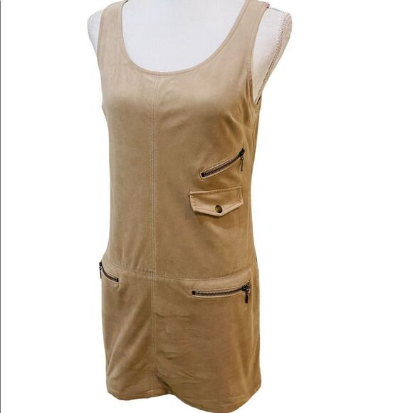 Guess micro suede biege tan sleeveless mini dress lined zippered pockets sz 4 - Picture 4 of 13